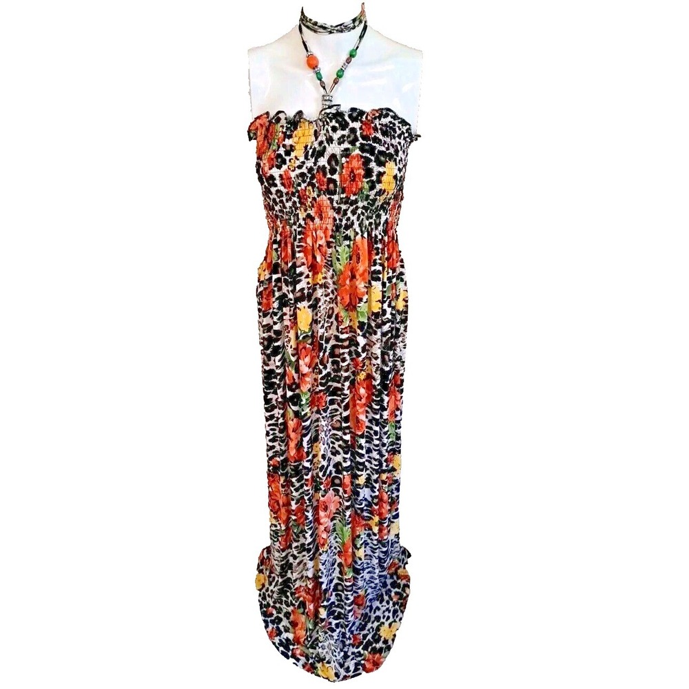 Chesley Maxi Dress Size M‎ Animal Print Floral Elastic Halter Top Boho Feminine